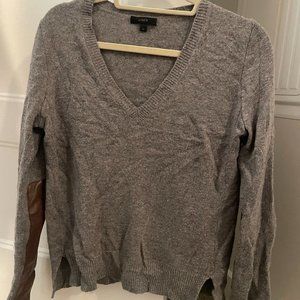 J.crew V Neck Cropped Gray Weater with Brown Leather Arm Panels